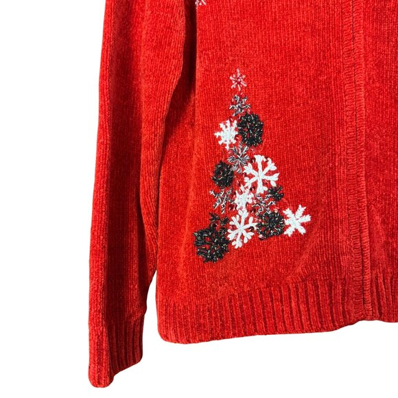 Vintage Chenille Christmas Sweater, Red Cardigan, Embroidered Festive Holiday - Picture 5 of 7